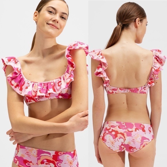 La DoubleJ Ruffle Bikini Top, Peonia Rosa in Piquet Lycra, size XL NWT - Picture 1 of 4